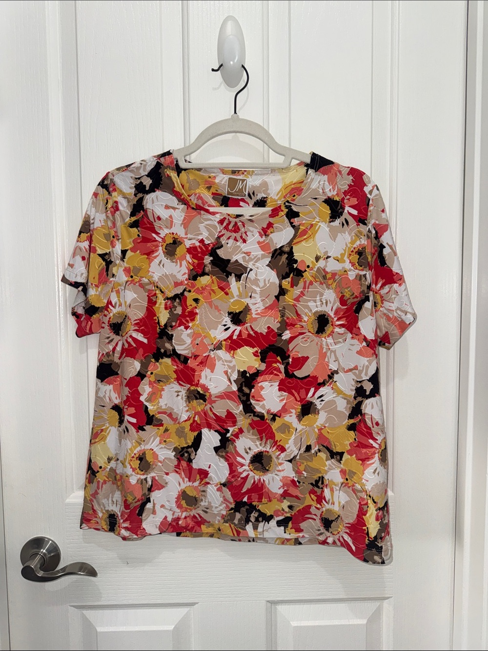JM Collection Petite (PXL) Red, White & Yellow Floral Short-Sleeve Top